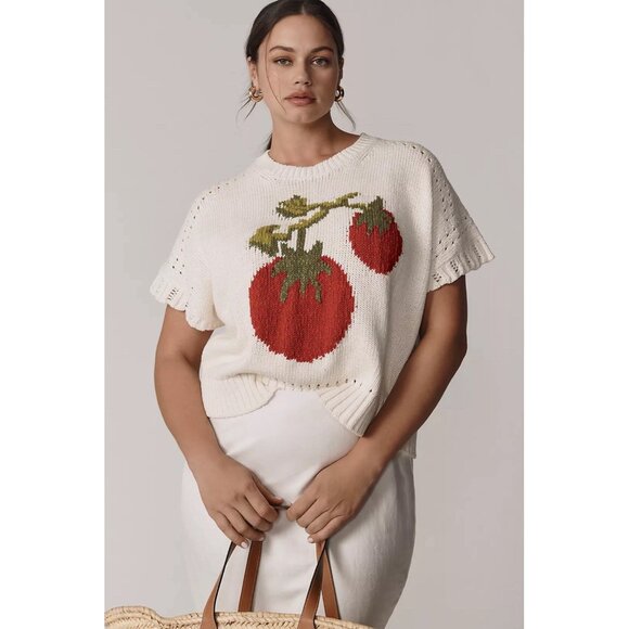 NWT Size 1X -Maeve Short-Sleeve Crew-Neck Veggie Motif Graphic Sweater Tomato - Picture 3 of 17
